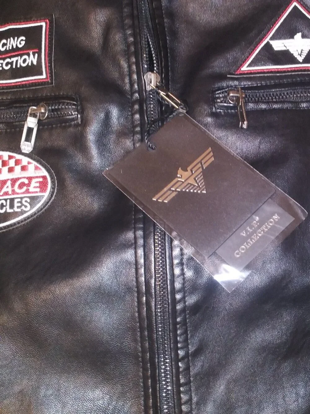 V.I.P. Collection Men’s Black Racing Motorcycle Jacket Red White Stripes Size -L